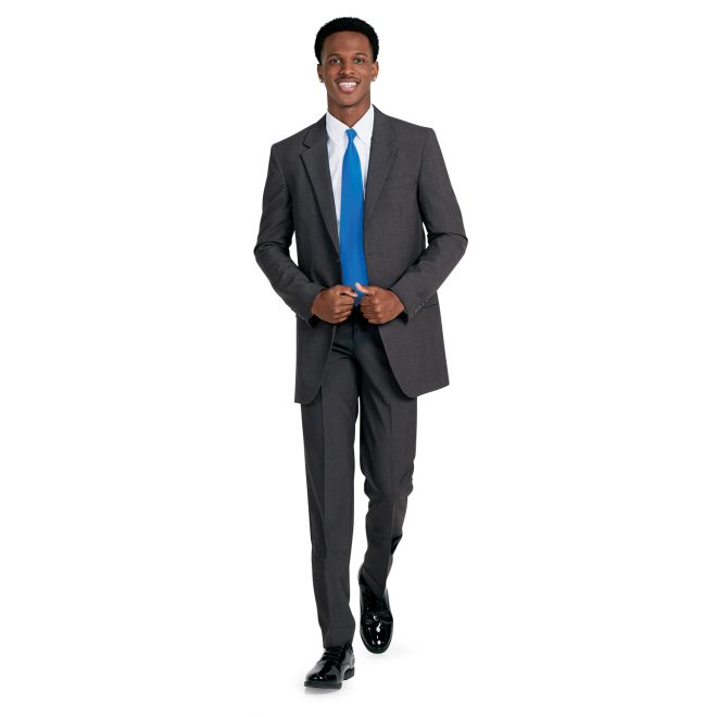 charcoal men plain front poly wool pant front view paired with charcoal jacket, white button up, and turquoise tie