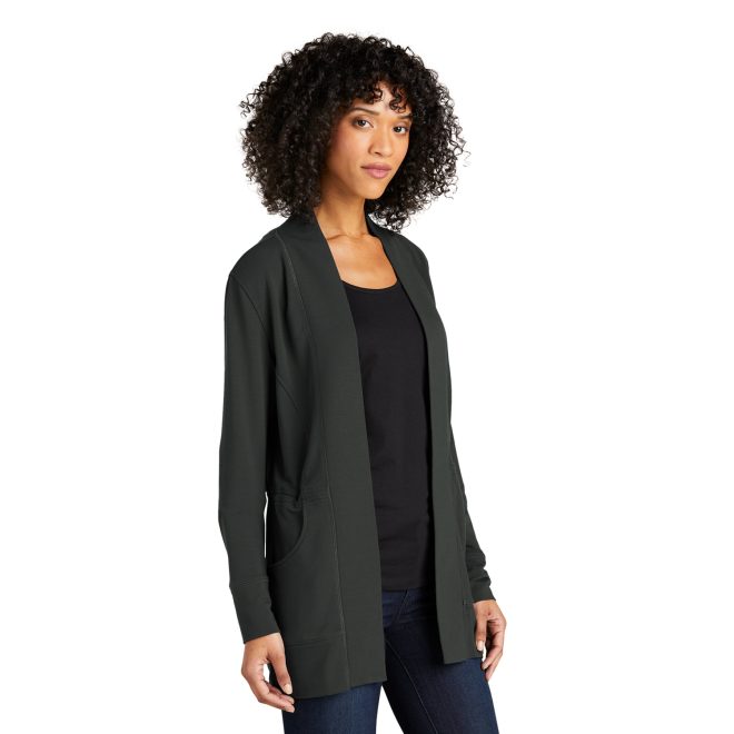 charcoal port authority microterry cardigan front view over black shirt