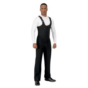 black deluxe marching band bibbers front view with white long sleeve undershirt