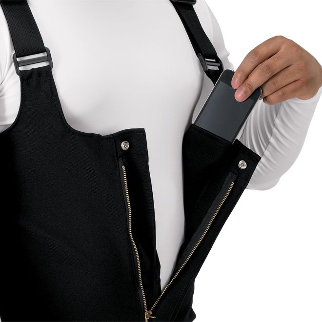 black deluxe marching band bibbers front view highlighting inside pocket with white long sleeve undershirt