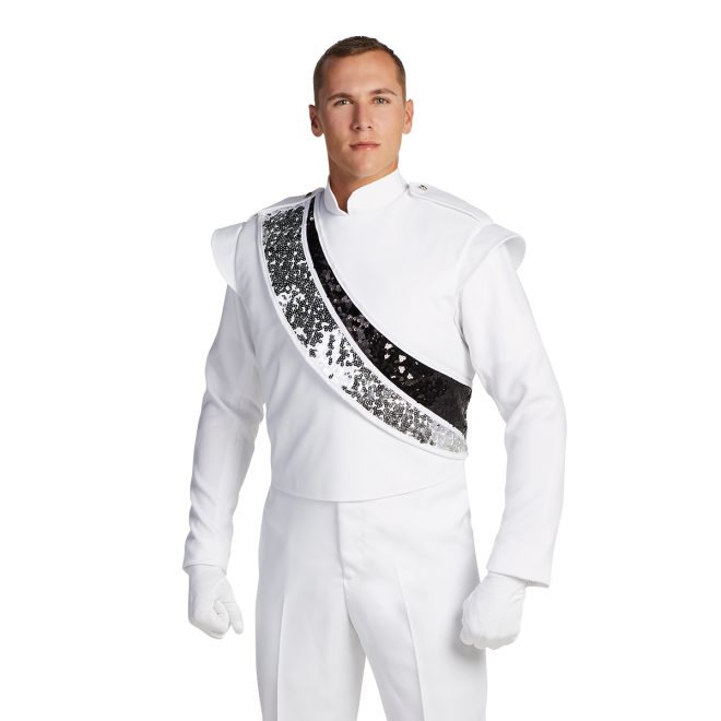 silver and black marching band sequin sash with white trim shown over white band jacket, pants and gloves front view