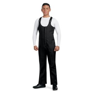 black economy marching band bibbers front view with white long sleeve undershirt