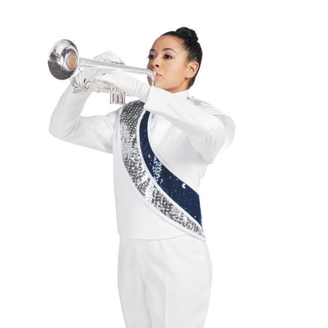 white marching band jacket front view paired with white pants and gloves and silver and navy sequin sash