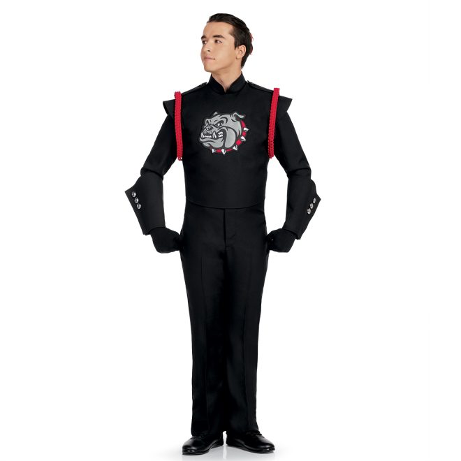 Custom Instock marching band jacket black with black gauntlets and pants front view