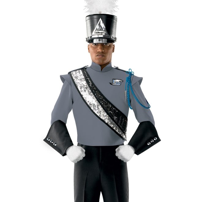 grey marching band jacket front view paired with black shako, gauntlets, and pants, white gloves, and silver and black sequin sash