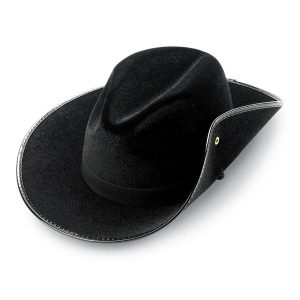 top view of black wide brim custom flocked aussie with black band