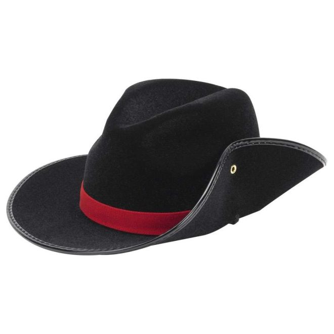 top view of black wide brim custom flocked aussie with red band