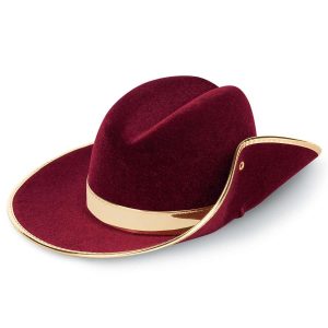 side view cardinal cavalier custom flocked hat with gold trim and band