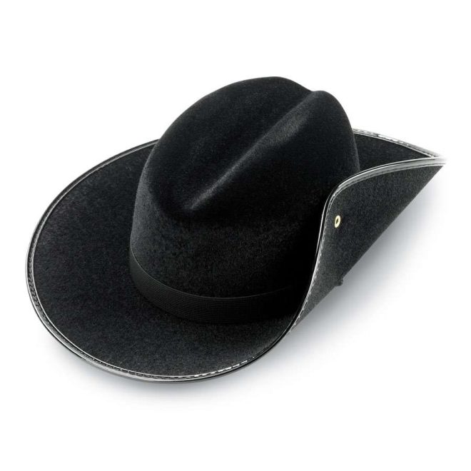 top view of black cavalier custom flocked hat and black band