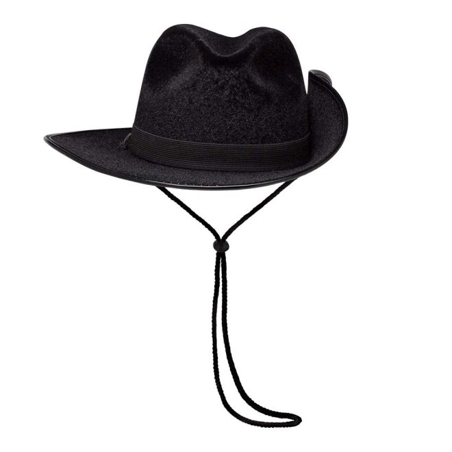 front view of black cavalier custom flocked hat with neck strap and black band