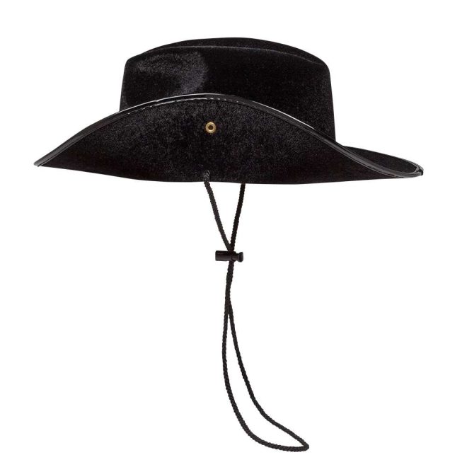 side view of black cavalier custom flocked hat with neck strap