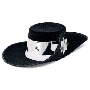 side view of black musketeer custom flocked hat with white band and silver accessory and band