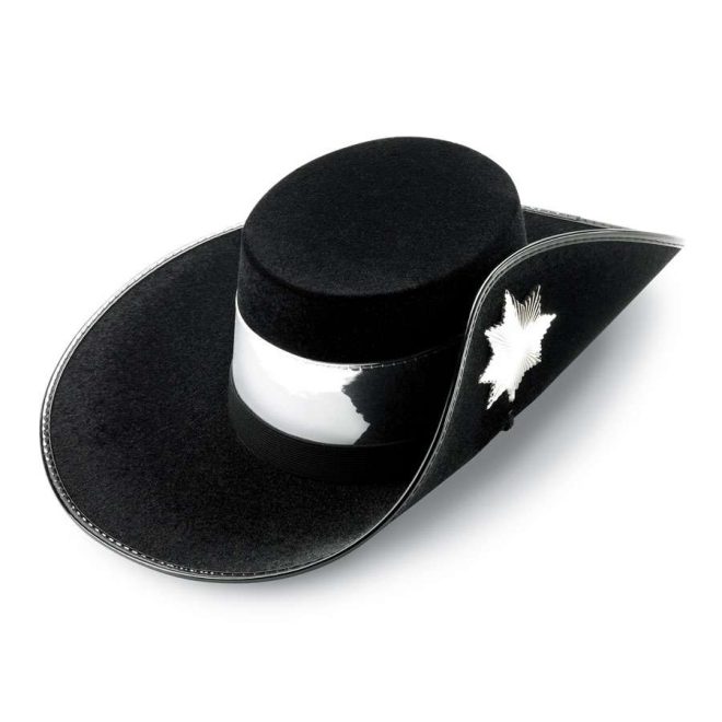 top view of black musketeer custom flocked hat with silver accessory and band