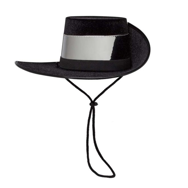 front view of black musketeer custom flocked hat with black neck strap and band