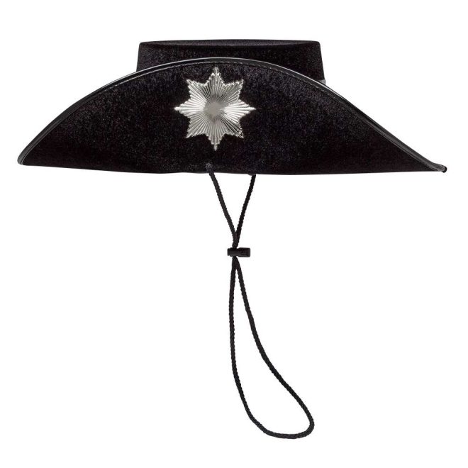 side view of black musketeer flocked hat with silver accessory and black neck strap