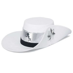 side view white musketeer custom ez clean hat silver accessories and band and black band