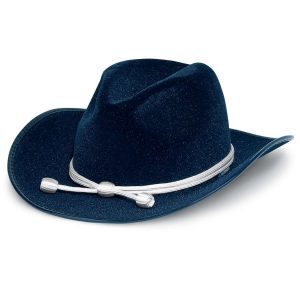 front view navy laredo custom flocked hat with silver cord