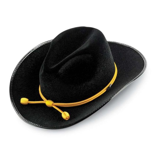 top view black laredo custom flocked hat with yellow cord