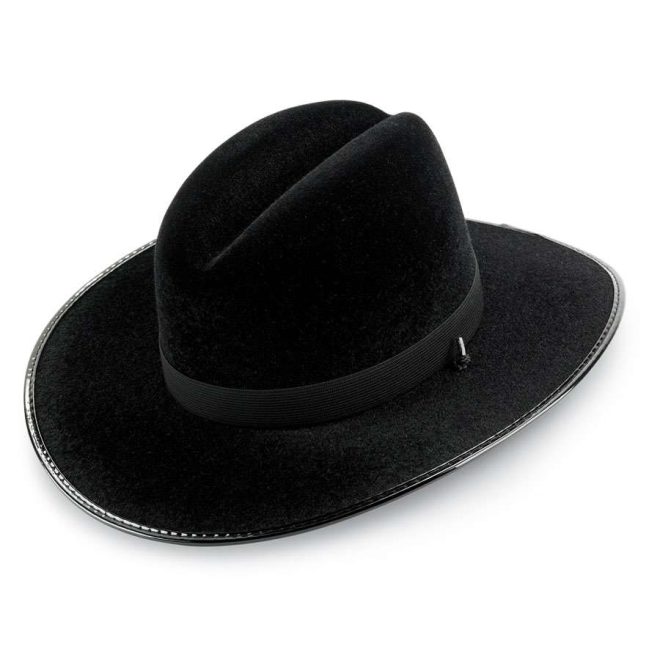 top view of black modified bridgeman custom flocked hat and black band