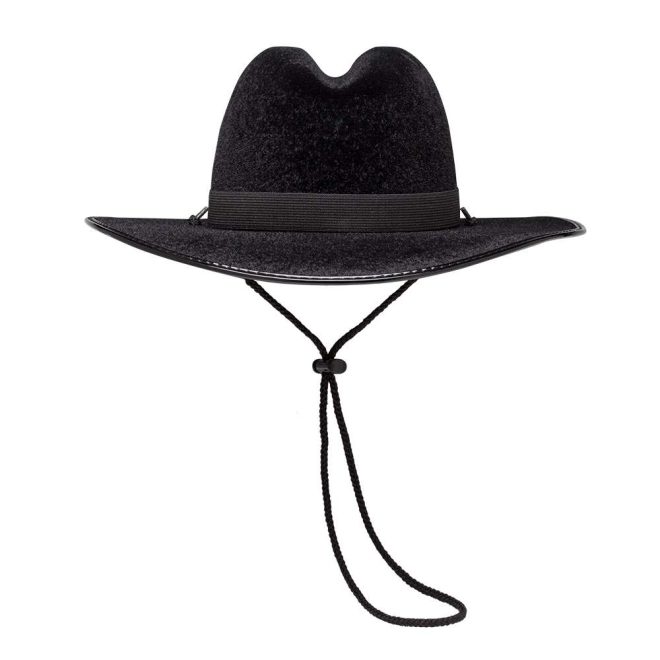 front view of black modified bridgeman custom flocked hat with neck strap and black band