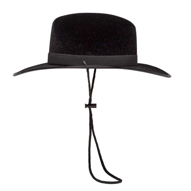 side view of black modified bridgeman custom flocked hat with neck strap and black band