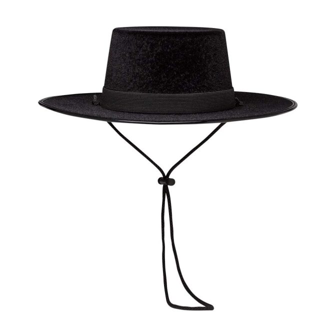 front view black custom flocked gaucho hat with black band and neck strap