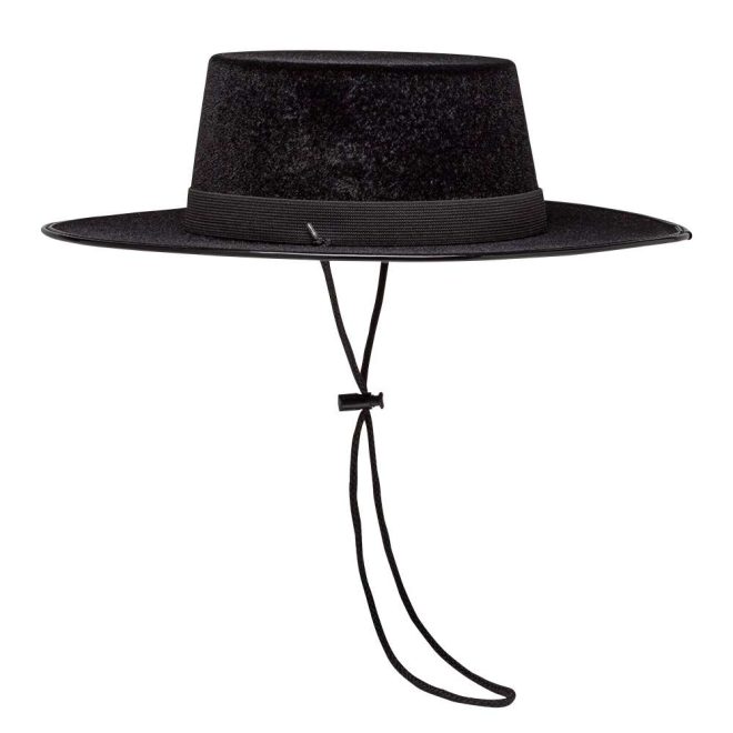 side view black custom flocked gaucho hat with black band and neck strap