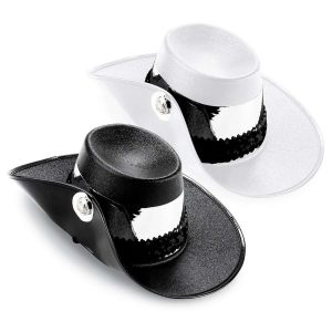 side view of white bayly custom cavalier hat with black trim and black sequin band and silver accessory and band and side view of black bayly custom cavalier hat with black sequin and silver band, trim, and accessory