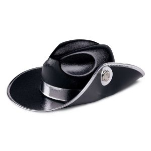 side view of black bayly custom cavalier hat with silver band, trim, and accessory