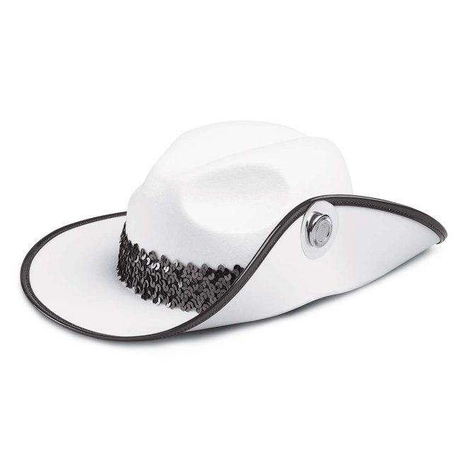 side view of white bayly custom cavalier hat with black trim and black sequin band and silver accessory