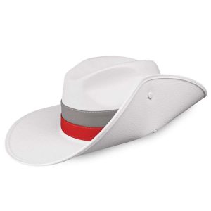 side view of white with red and grey bands ez clean custom aussie hat