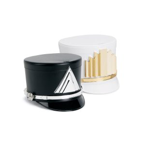Quick Ship Marching Shako black with silver chevron and accessories and white with gold crystal and accessories front view