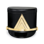 Black Quick Ship Marching Shako with gold chevron and accessories, front view