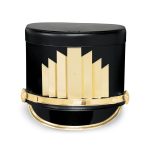 black marching shako with gold hardware and a gold crystal emblem