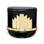 Black Quick Ship Marching Shako with gold crystal and accessories, front view