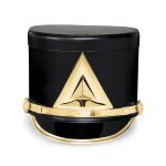 black marching shako with gold hardware and a gold diamond emblem