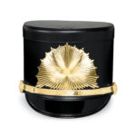 Black Quick Ship Marching Shako with gold sunburst and accessories, front view