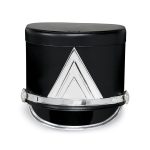 black marching shako with silver hardware and a silver chevron emblem