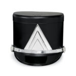 Black Quick Ship Marching Shako with silver chevron and accessories, front view