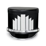 black marching shako with silver hardware and a silver crystal emblem