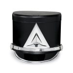 black marching shako with silver hardware and a silver diamond emblem