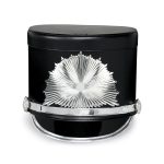 black marching shako with silver hardware and a silver starburst emblem