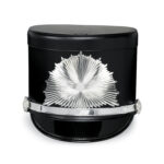 Black Quick Ship Marching Shako with silver sunburst and accessories, front view