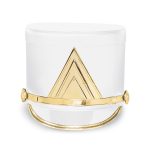 white marching shako with gold hardware and a gold chevron emblem