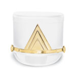 White Quick Ship Marching Shako with gold chevron and accessories, front view