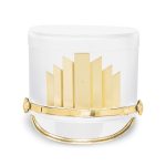 white marching shako with gold hardware and a gold crystal emblem