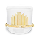 White Quick Ship Marching Shako with gold crystal and accessories, front view