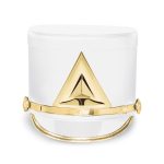 white marching shako with gold hardware and a gold diamond emblem