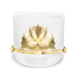 White Quick Ship Marching Shako with gold sunburst and accessories, front view