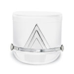 White Quick Ship Marching Shako with silver chevron and accessories, front view